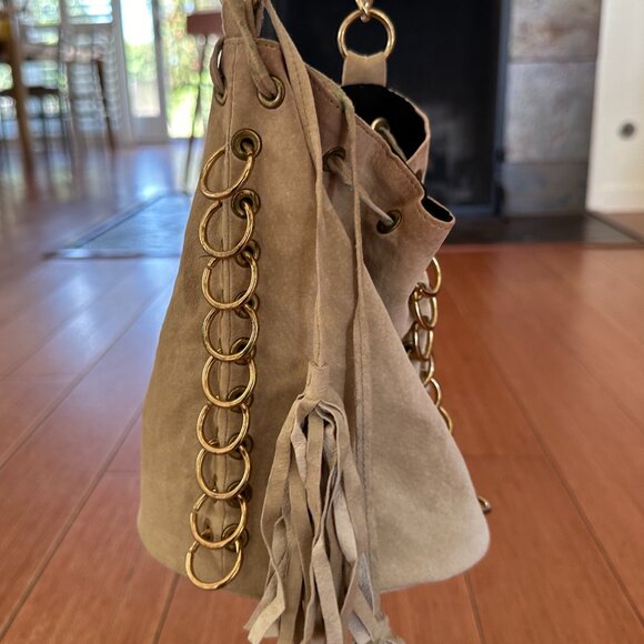 Vintage One of a Kind Made in USA Leather Chain Bucket Bag w/ Rings Grommets - Picture 13 of 17